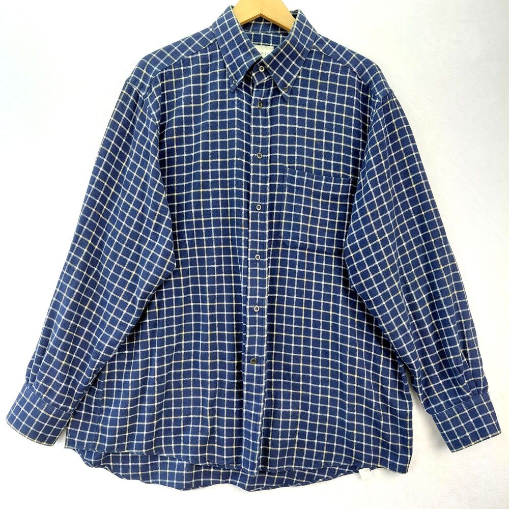 BRULI Shirt Mens XL 44/17.5 Blue Checked Plaid Swiss Made Flannel Dress Shirt